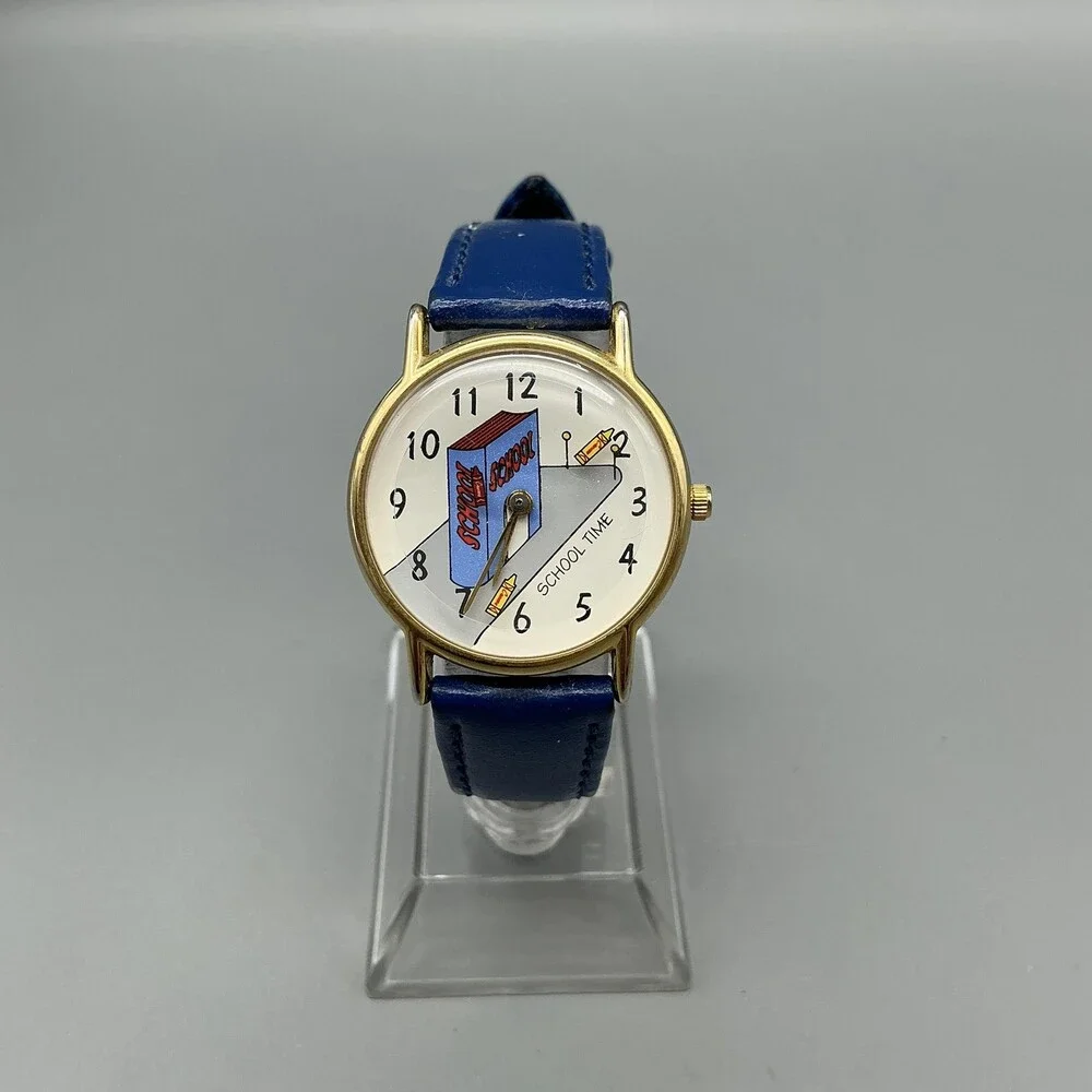 Vintage School Time Womens Watch 28mm Gold Tone Blue Leather Teacher New Battery